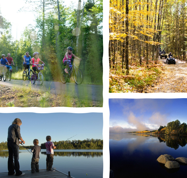 Parks and kids riding bikes and people fishing