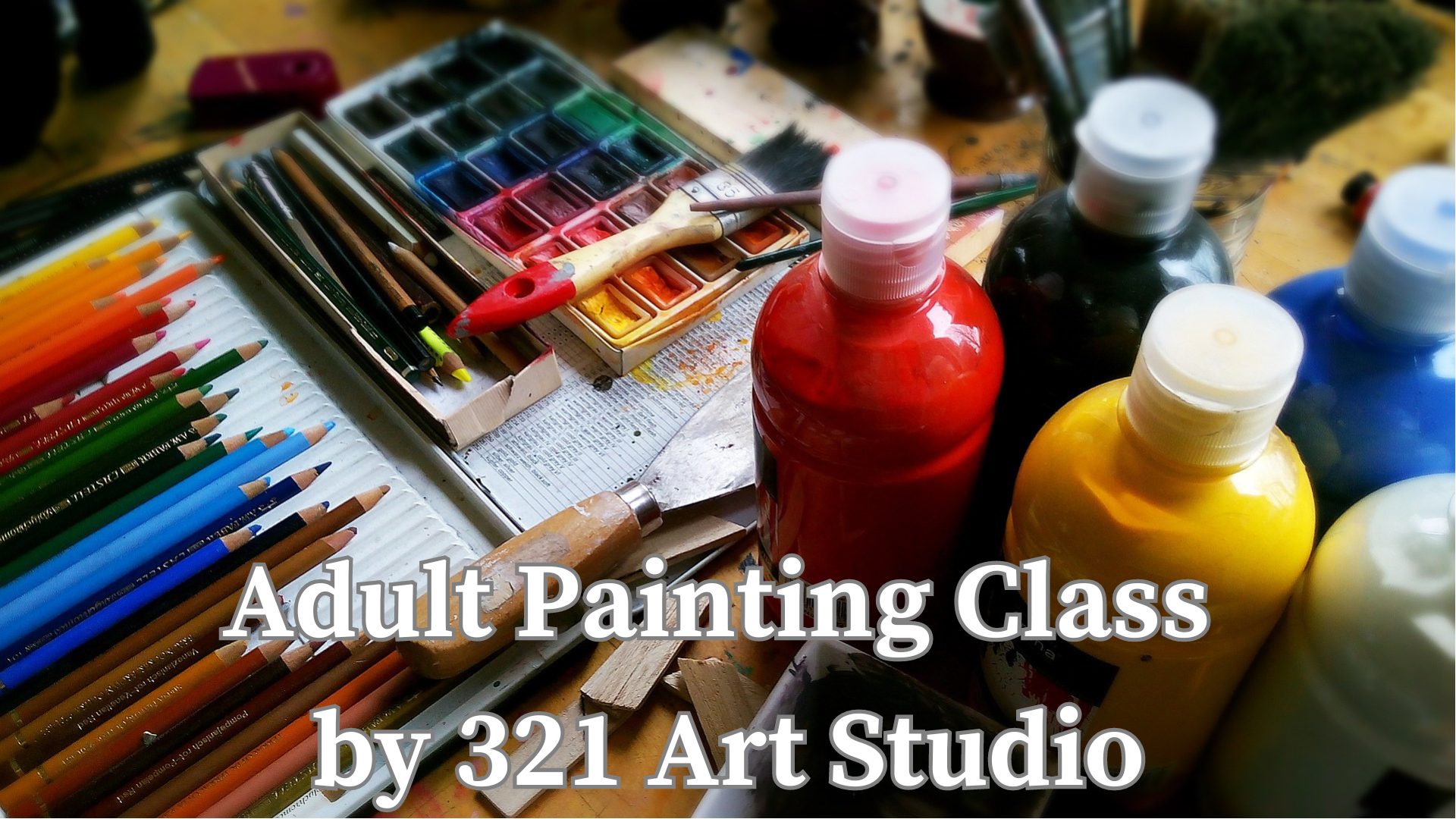 Adult Painting Class by 321 Art Studio with multiple bottles of paint and watercolor