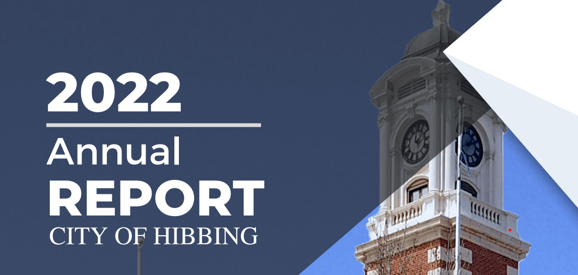 2022 Annual Report Hibbing Clocktower on Blue Background