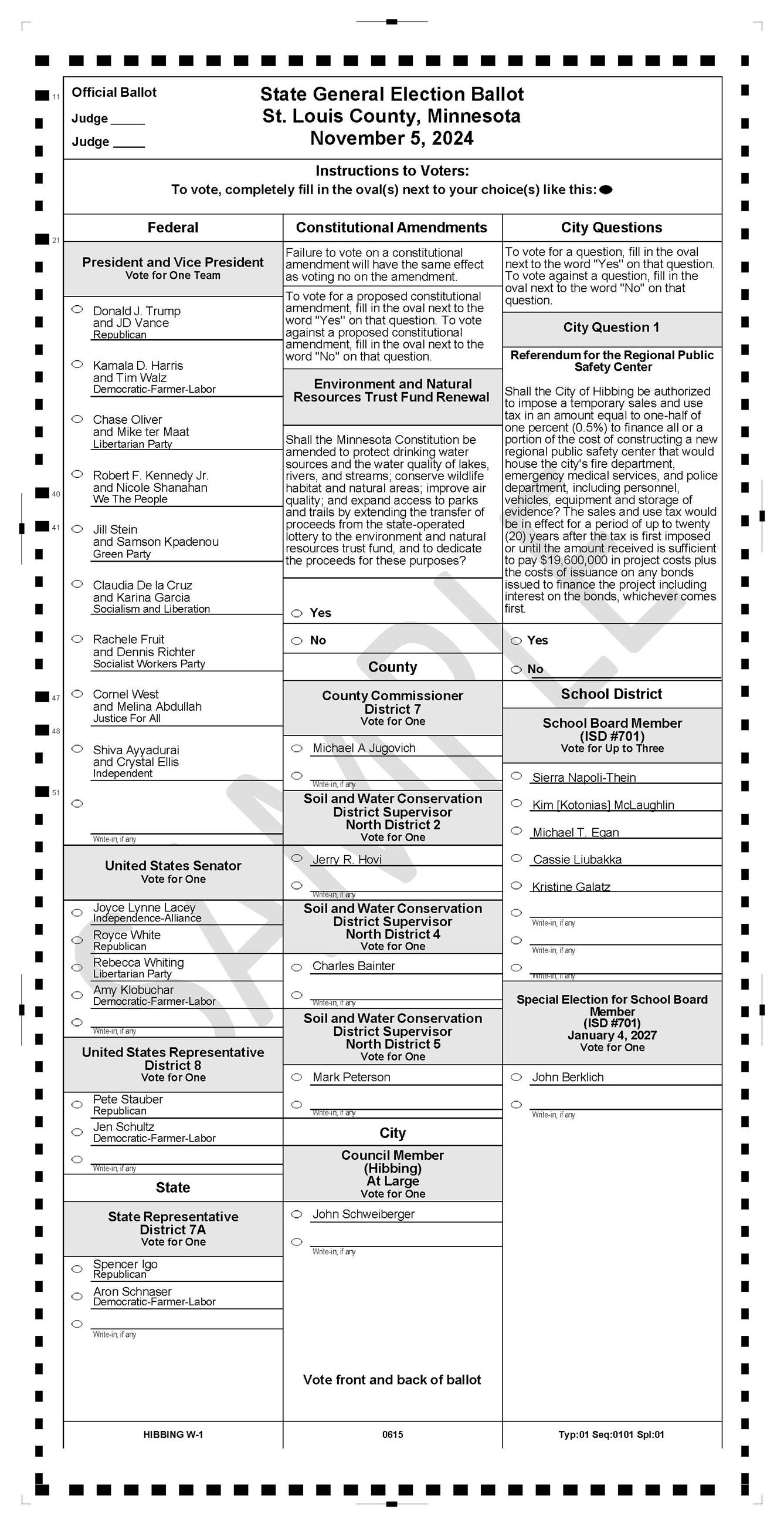 Sample Ballots Hibbing W1 Front